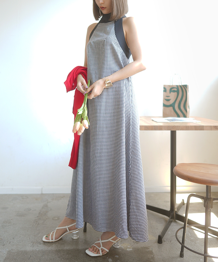 ELFSACK ワンピース オリジナル プリント ホルターネック ロング Perritaロングワンピース サックス／select | tulle オンライン