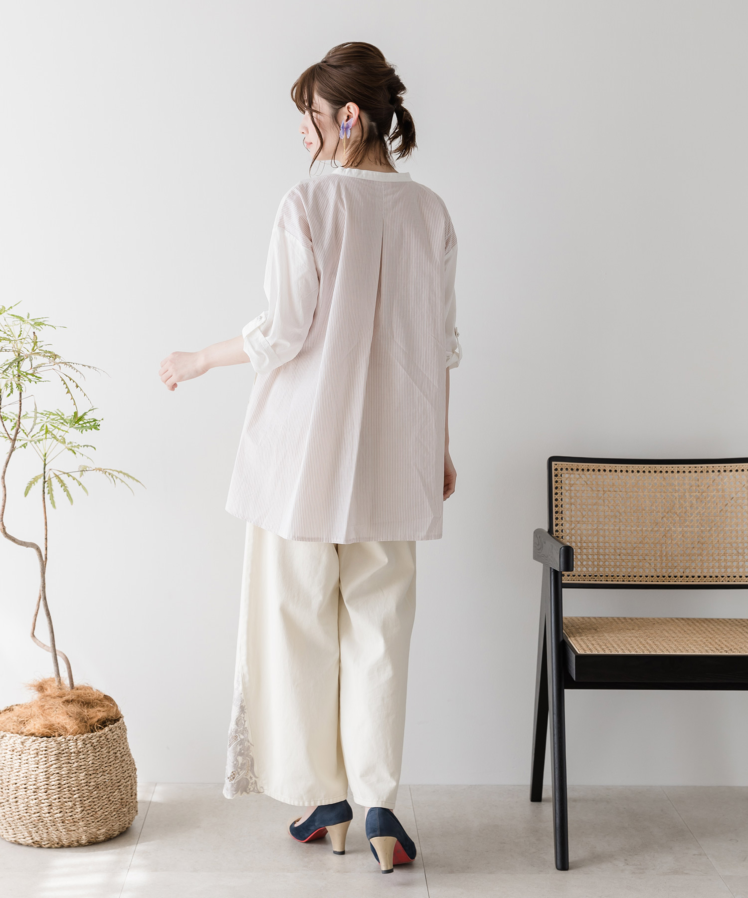 独特な セール】蝶刺繍ストライプ切替シャツ(504763763) | イズ トップス