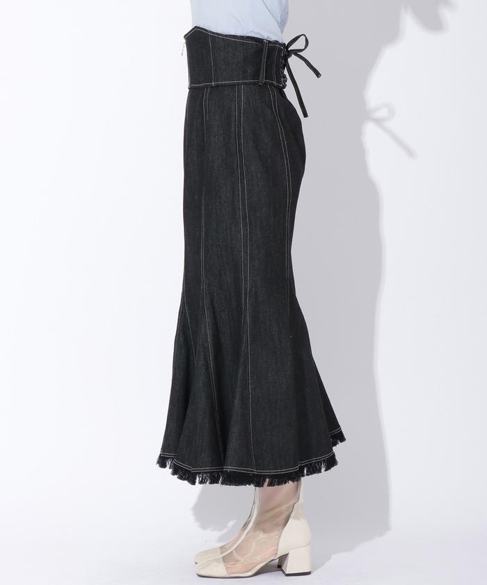コルセットベルト付きフリンジデニムスカート(504766501) | アンド ... andcouture コルセットベルト付きフリンジデニムスカート