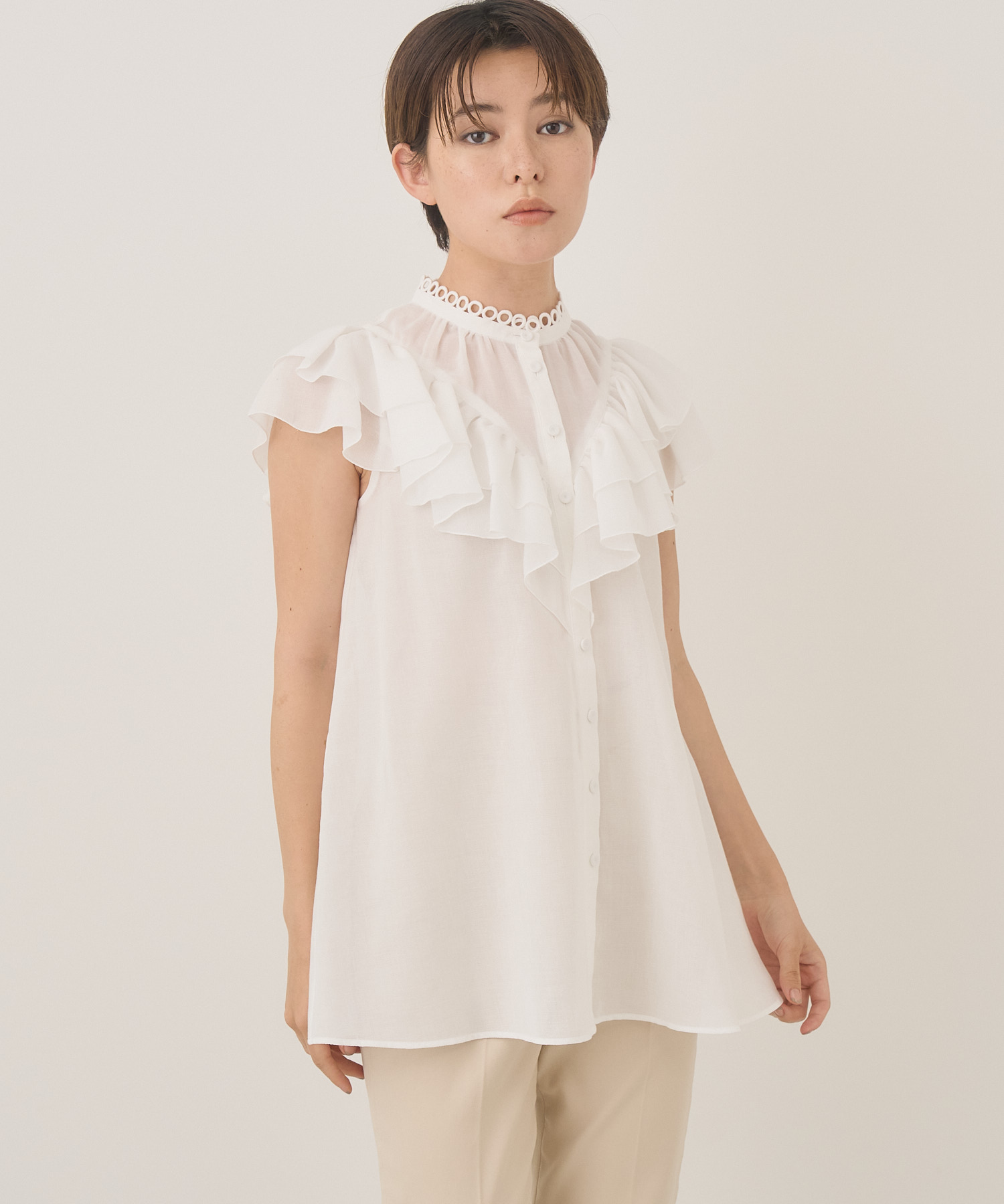 セール 30%OFF】強撚ボイルダブルラッフルブラウス(504764107 セール 30%OFF】強撚ボイルダブルラッフルブラウス(504764107