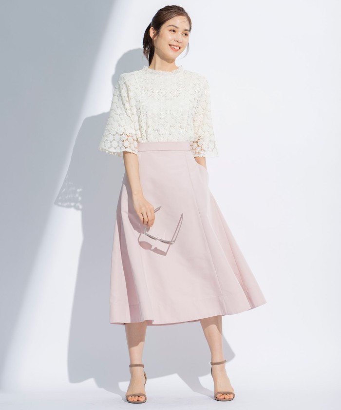 【a803】MICHEAL KORS 美品 レース 半袖 トップス L ピンク ボリュームチュールフラワーレースオープンバックフレアロング