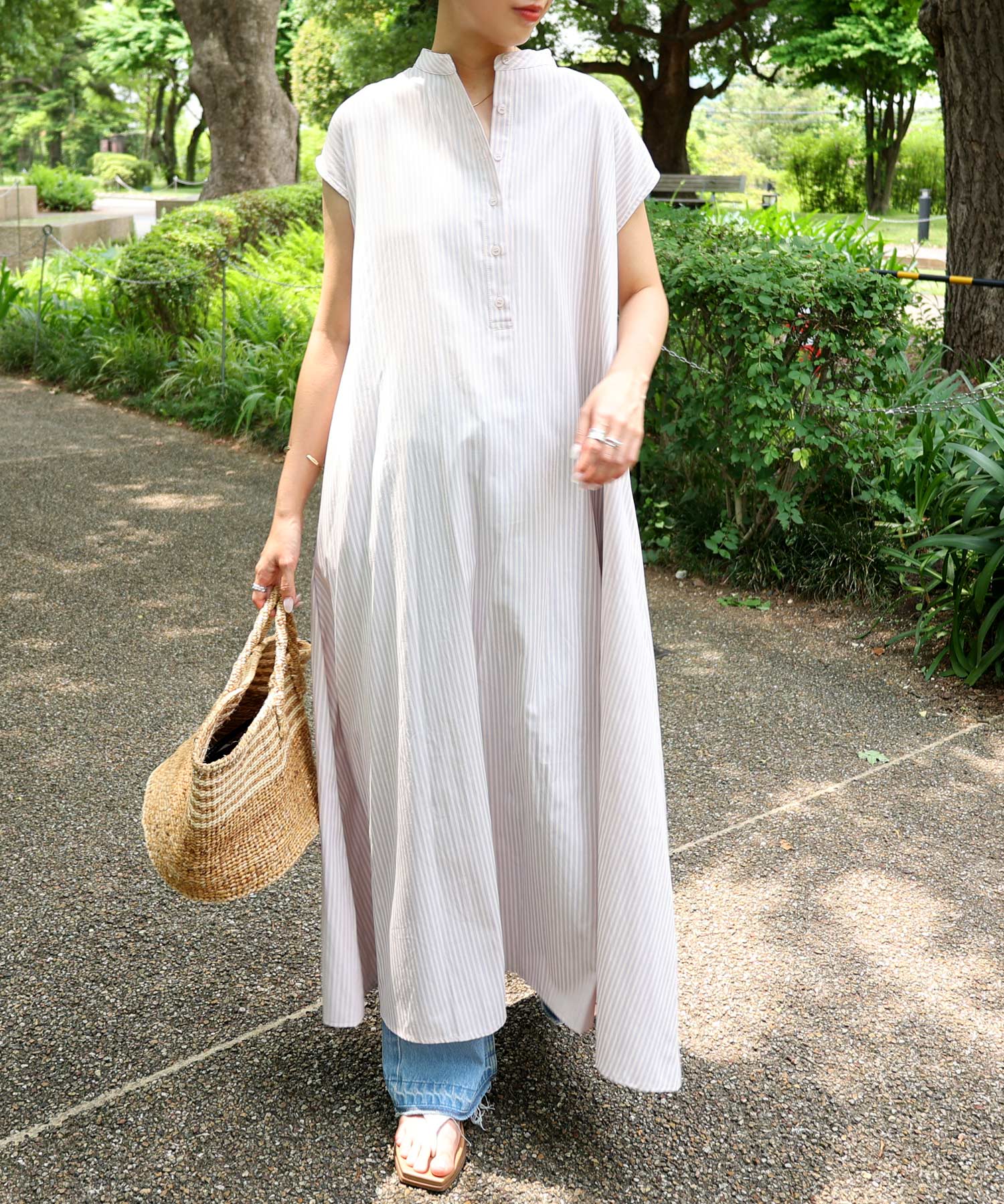 極美品 イレーヴ ストライプ バンドカラー シャツワンピース フレンチスリーブ ストライプバンドカラーフレンチスリーブシャツワンピース