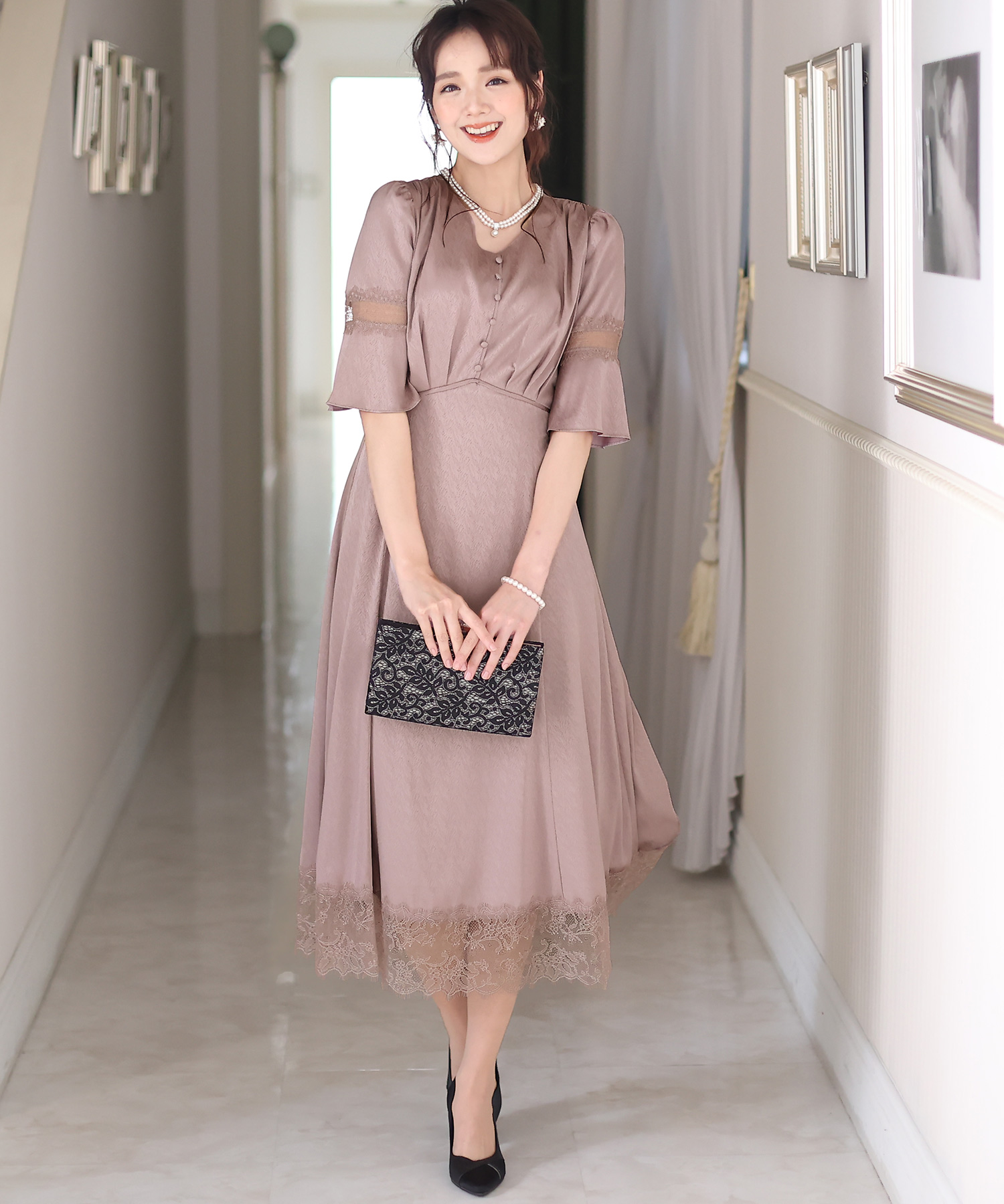 PourVous（プールヴー） レースサテン切替ワンピース　バーガンディ 結婚式 ワンピース パーティードレス[品番：PV000002327
