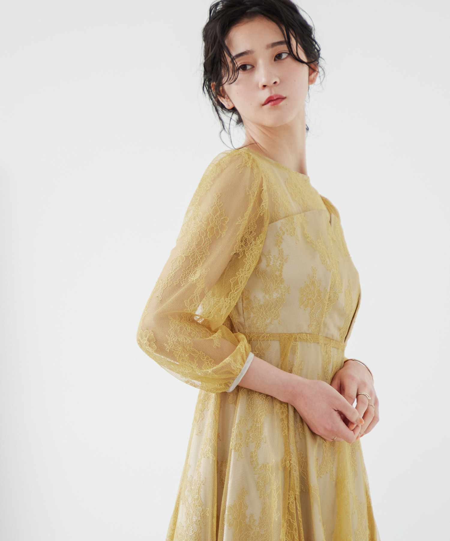 niana 2way パーティドレス　M イエロー ニアナ niana リボンベルト付きレーススリーブ 結婚式ワンピース