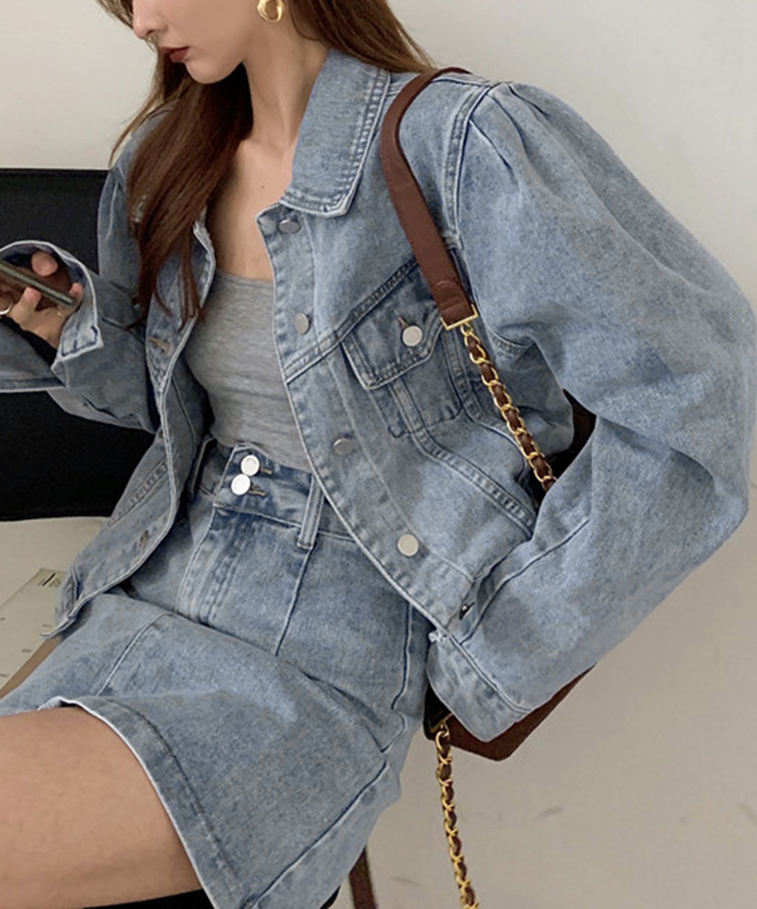 Darich パフショルワッフルデニムジャケット&スカート セットアップ Darich パフショルワッフルデニムジャケット&スカート