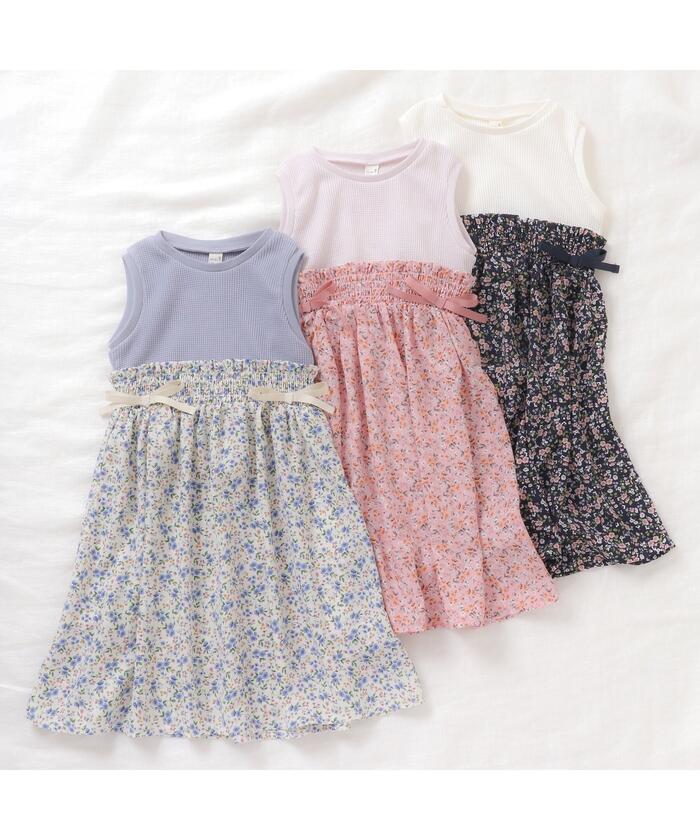 セール 20%OFF】ワッフル×お花ドッキングノースリーブワンピース