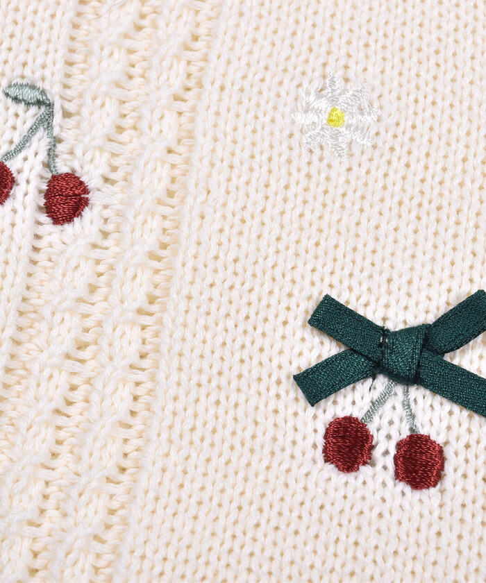 りんごです　刺繍小花　コットンニットたっぷりショール チェリー 花 くるま はたらくくるま 刺繍 コットン ニット