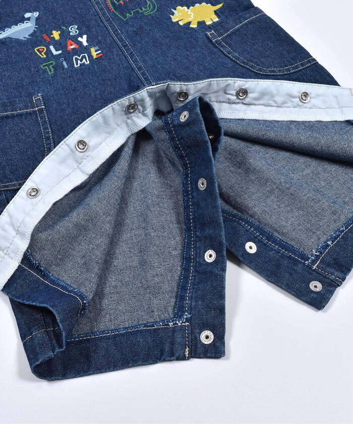 恐竜 刺繍 デニム ストライプ ツイル コットン サロペット