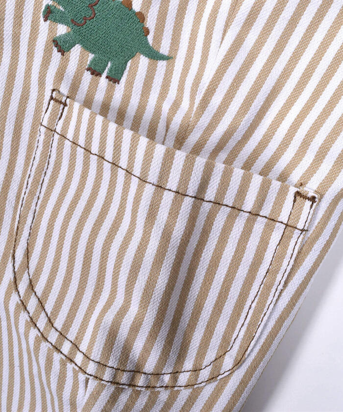 恐竜 刺繍 デニム ストライプ ツイル コットン サロペット