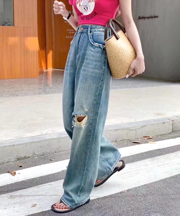 ジーンズ デニム ダメージ加工 パンツ スリット クラッシュ