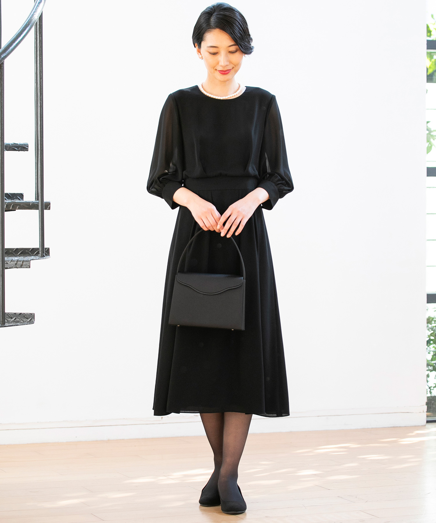 喪服/礼服/【洗える】シフォンロング丈ブラックフォーマルワンピース