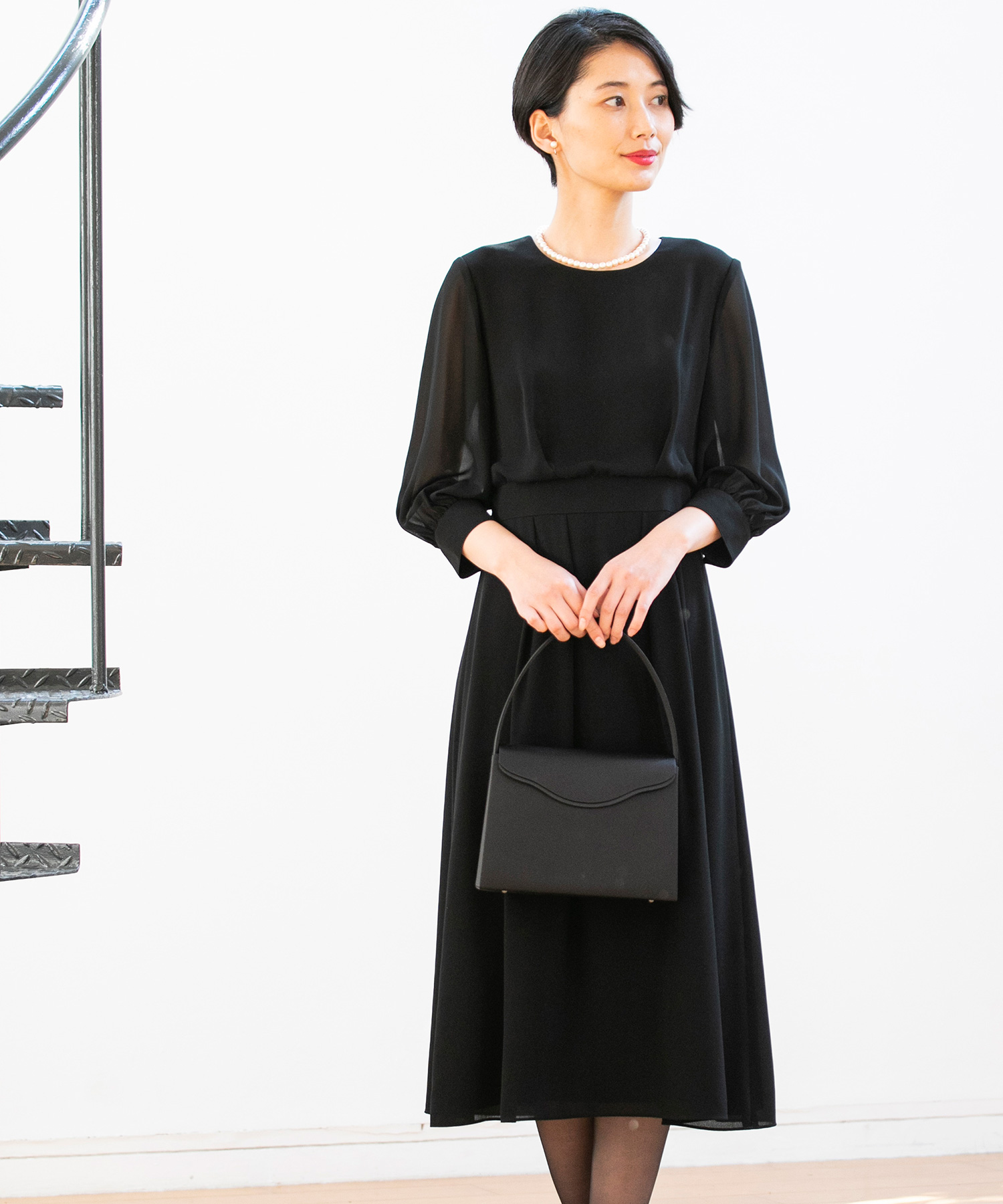 喪服/礼服/【洗える】シフォンロング丈ブラックフォーマルワンピース