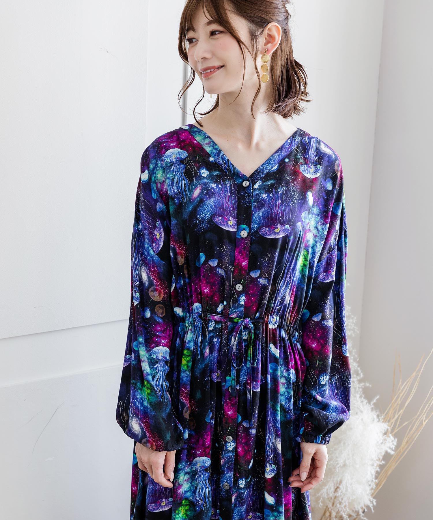 セール】宇宙クラゲ柄シフォン切替シャツワンピース(504842300 セール】宇宙クラゲ柄シフォン切替シャツワンピース(504842300
