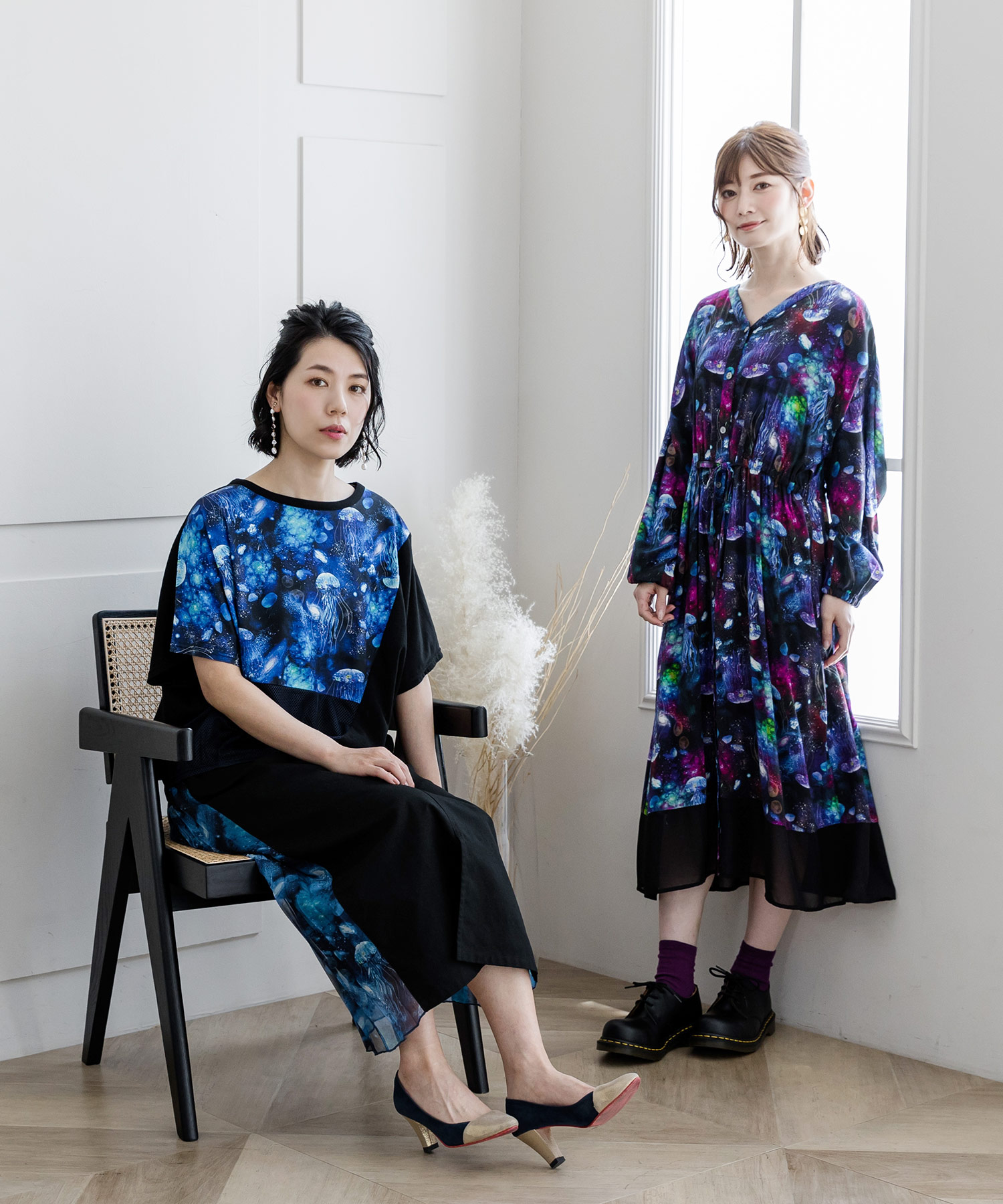 セール】宇宙クラゲ柄シフォン切替シャツワンピース(504842300 セール】宇宙クラゲ柄シフォン切替シャツワンピース(504842300