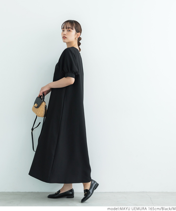 ワンピース Vネック ボリューム袖 Aライン 韓国 黒 ワンピース 韓国 ファッション レディース フレア Aライン