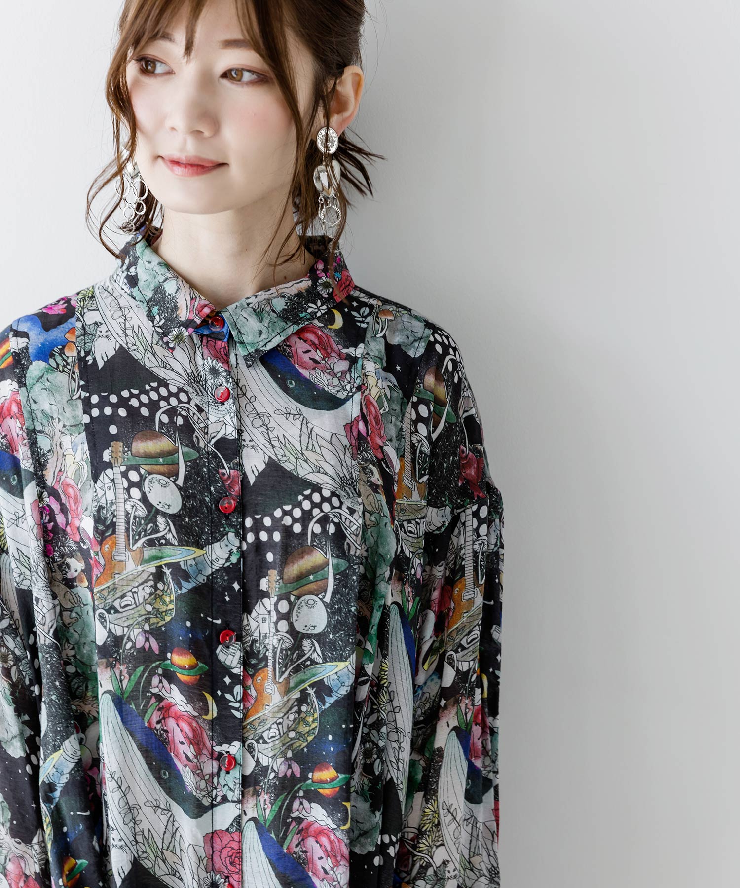 セール】モチーフ大集合アート柄シャツワンピース(504849982 セール】モチーフ大集合アート柄シャツワンピース(504849982
