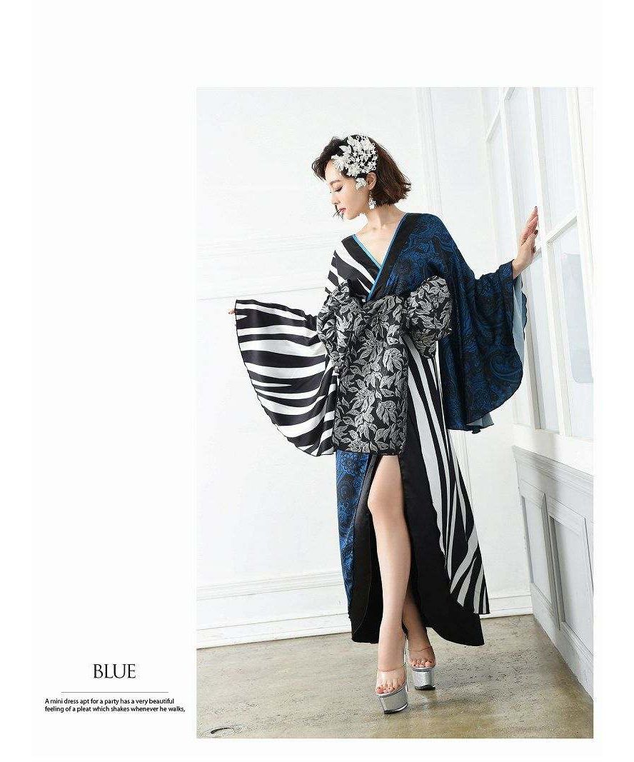 リューユ◆ラメ生地花魁風ドレス◆黒白ストライプ リューユ Rew－You キャバドレス 和柄 花魁 盛り帯 和装 大きい