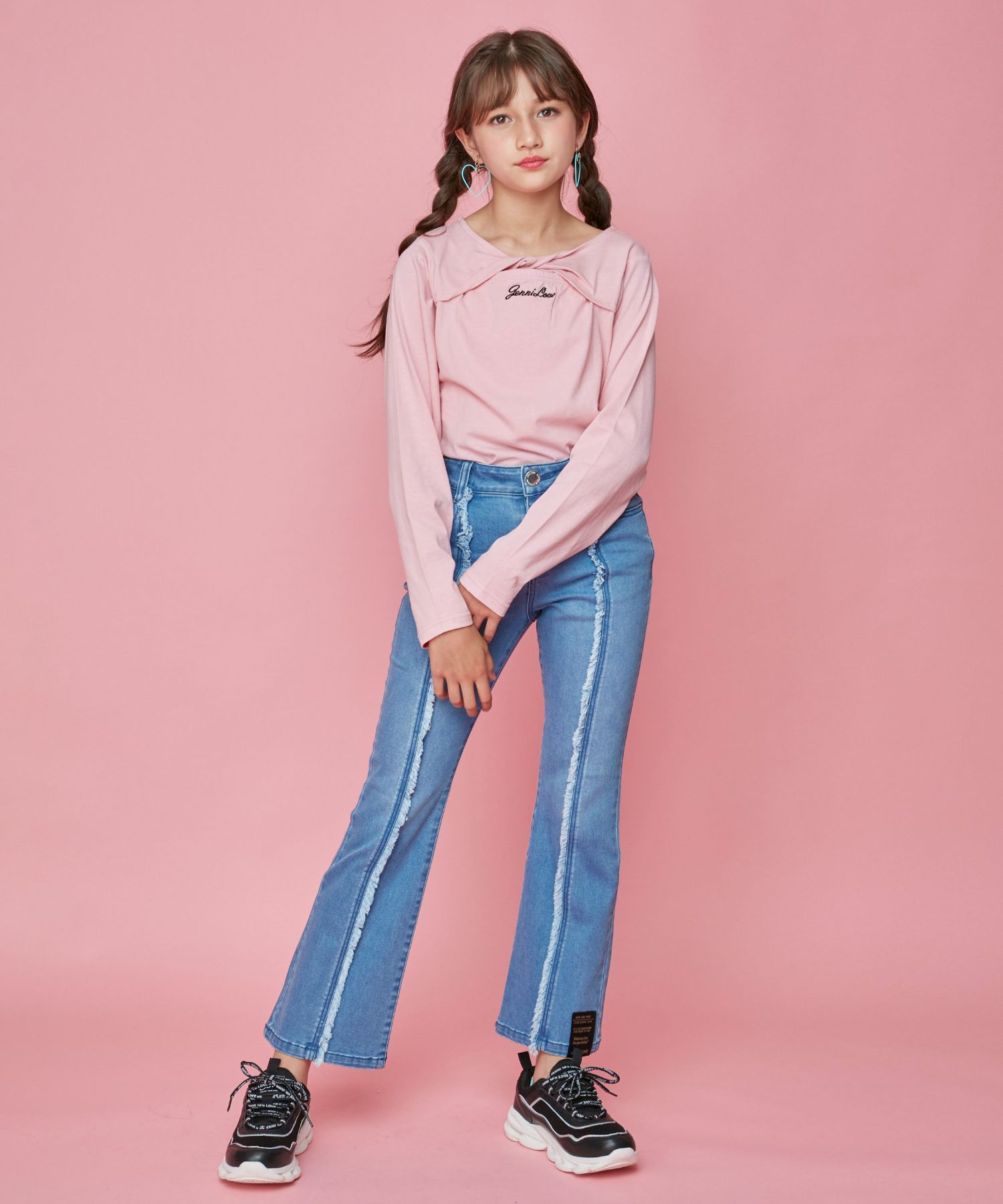 クーポン】【セール 50%OFF】フロントフリンジデニムフレアパンツ