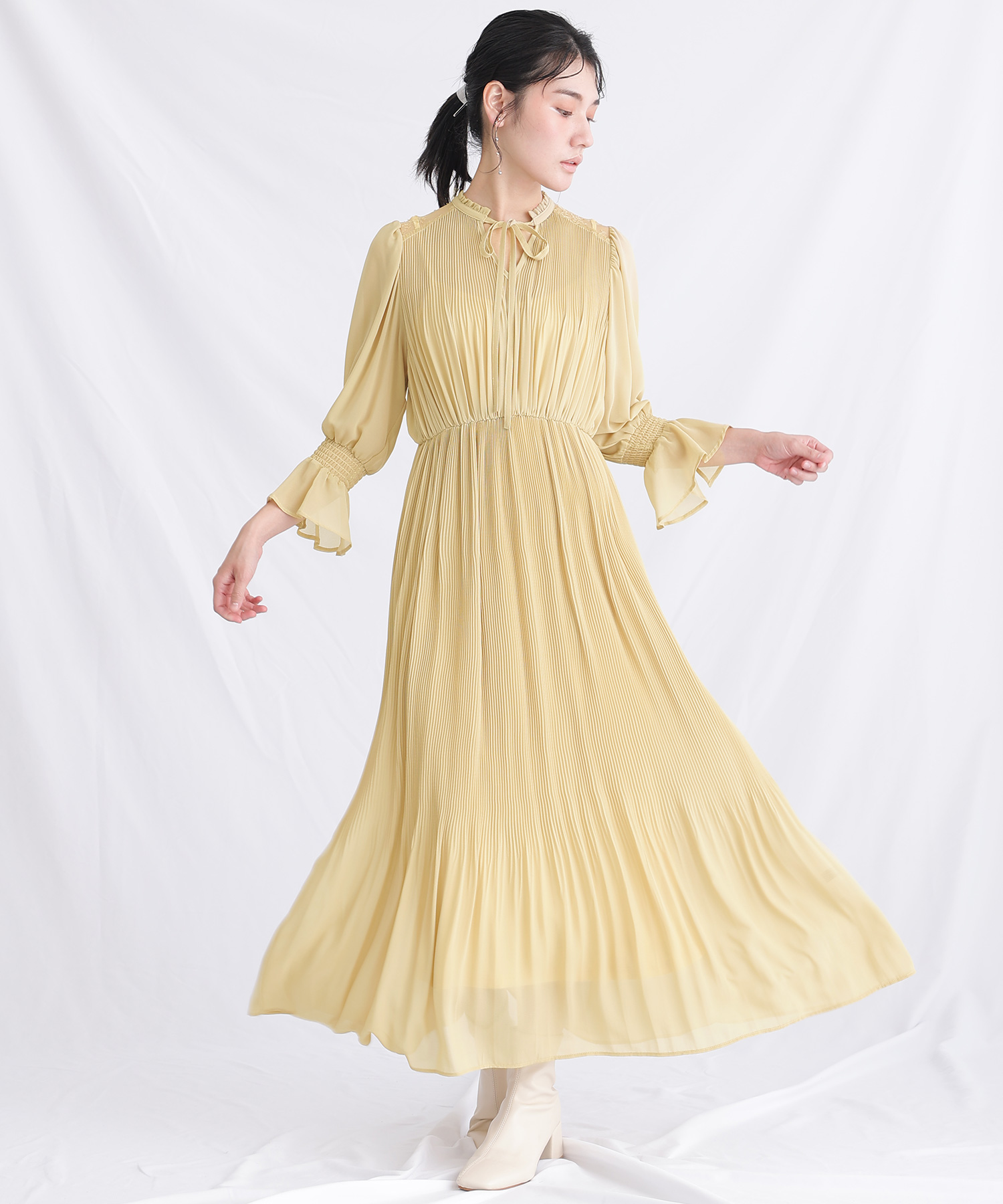 【美品】PourVousパーティードレス シフォン シアースリーブ プールヴー PourVous シフォンパーティードレスお呼ばれ袖あり