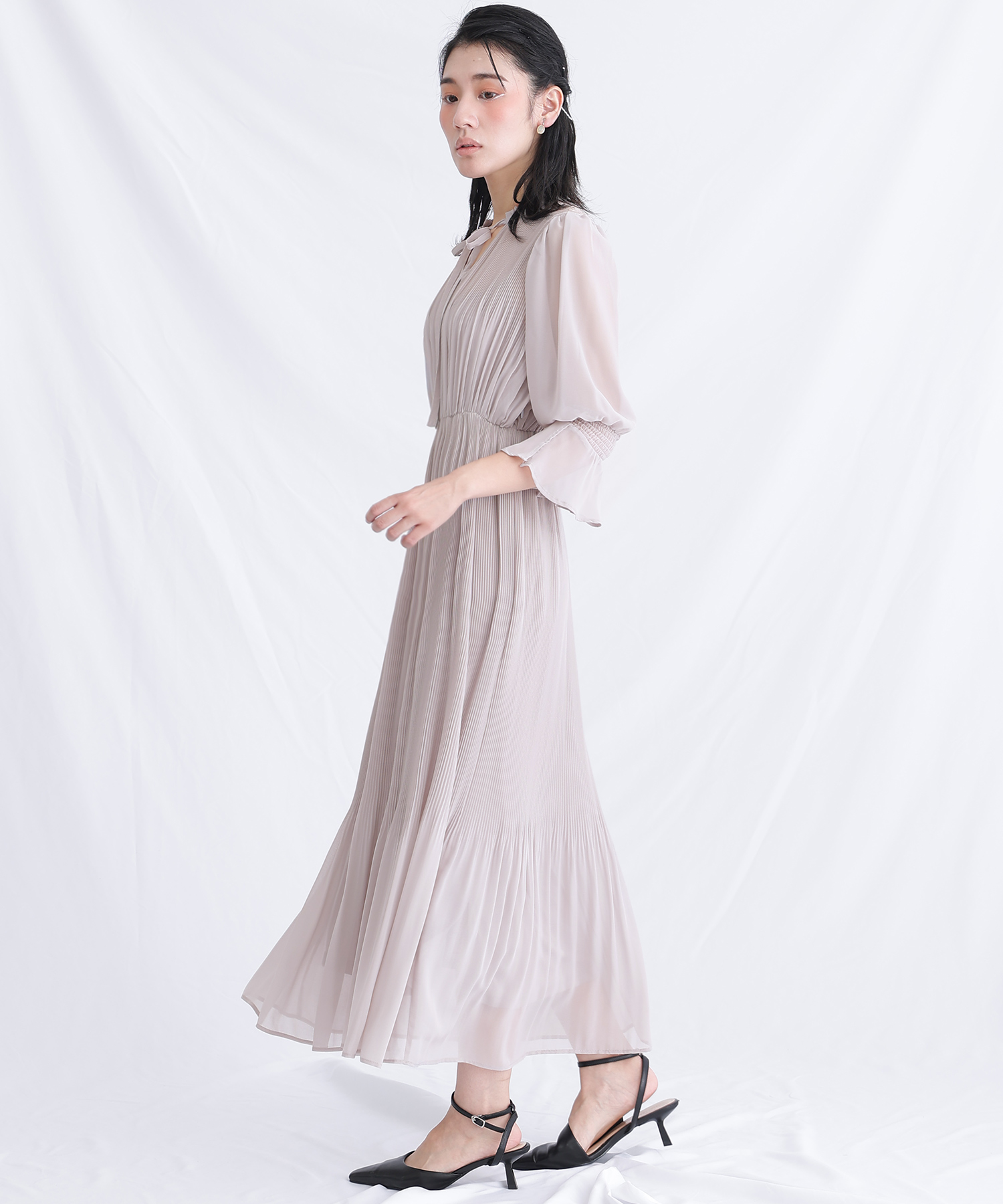 【美品】PourVousパーティードレス シフォン シアースリーブ プールヴー PourVous 結婚式パーティードレスミモレ丈七分袖