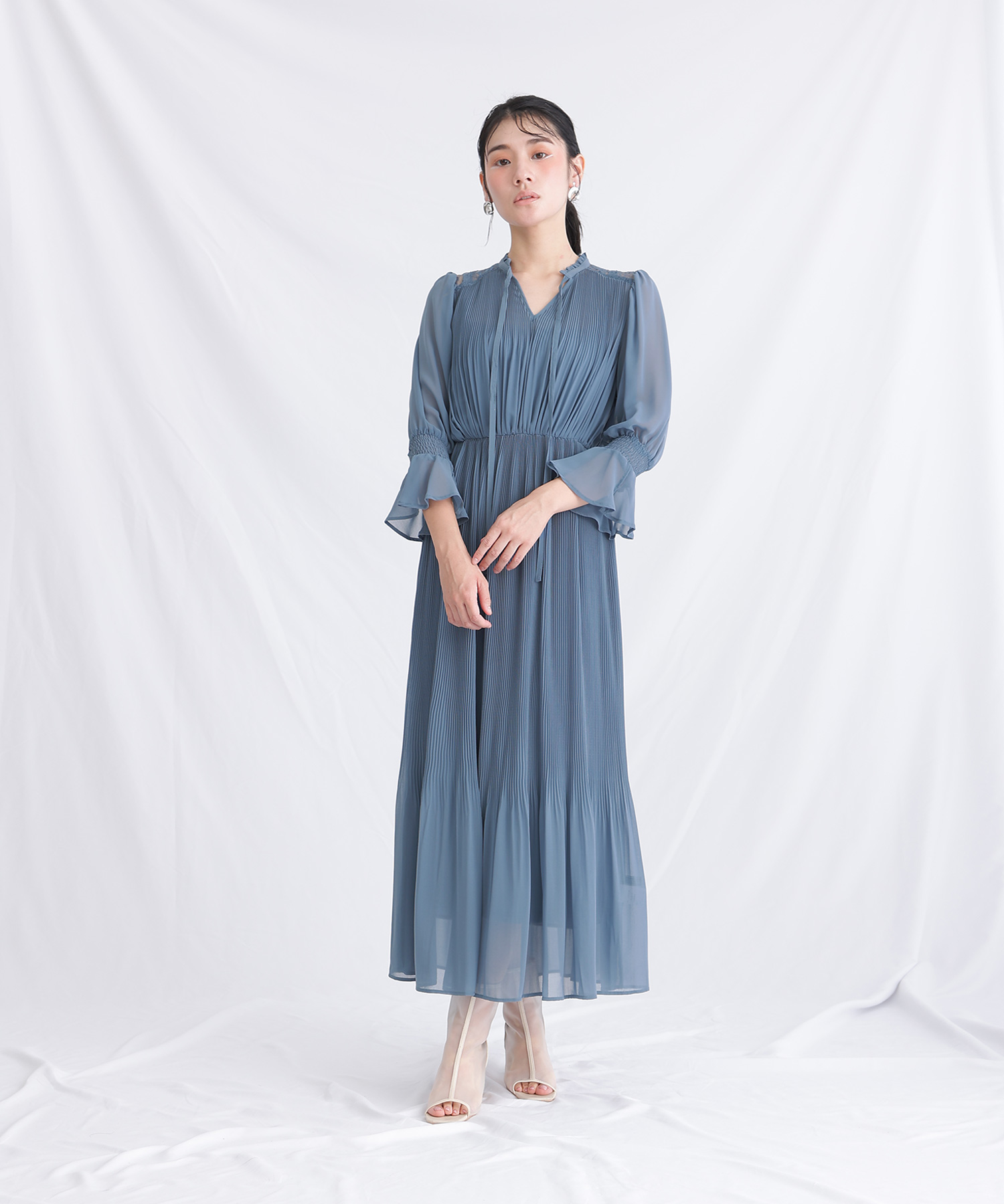 プールヴー PourVous シフォンパーティードレスお呼ばれ袖あり