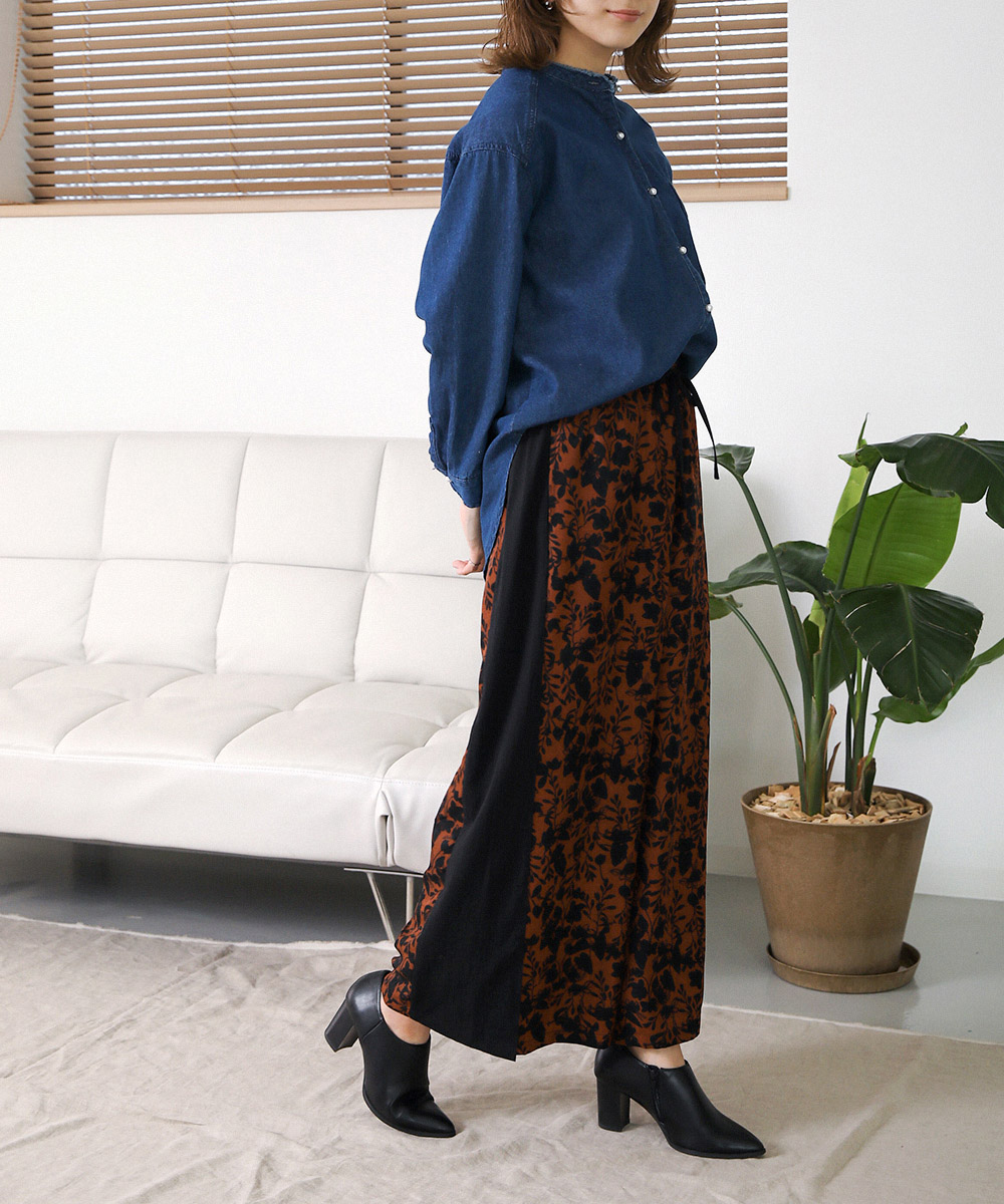 ブージュルード Bou Jeloud 単色花柄配色スリットパンツ