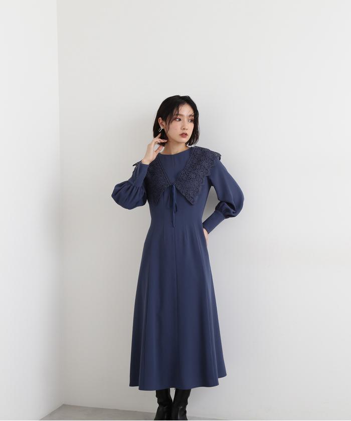 美品】 ナチュラルビューティー 膝丈ラウンドネックフリルレース