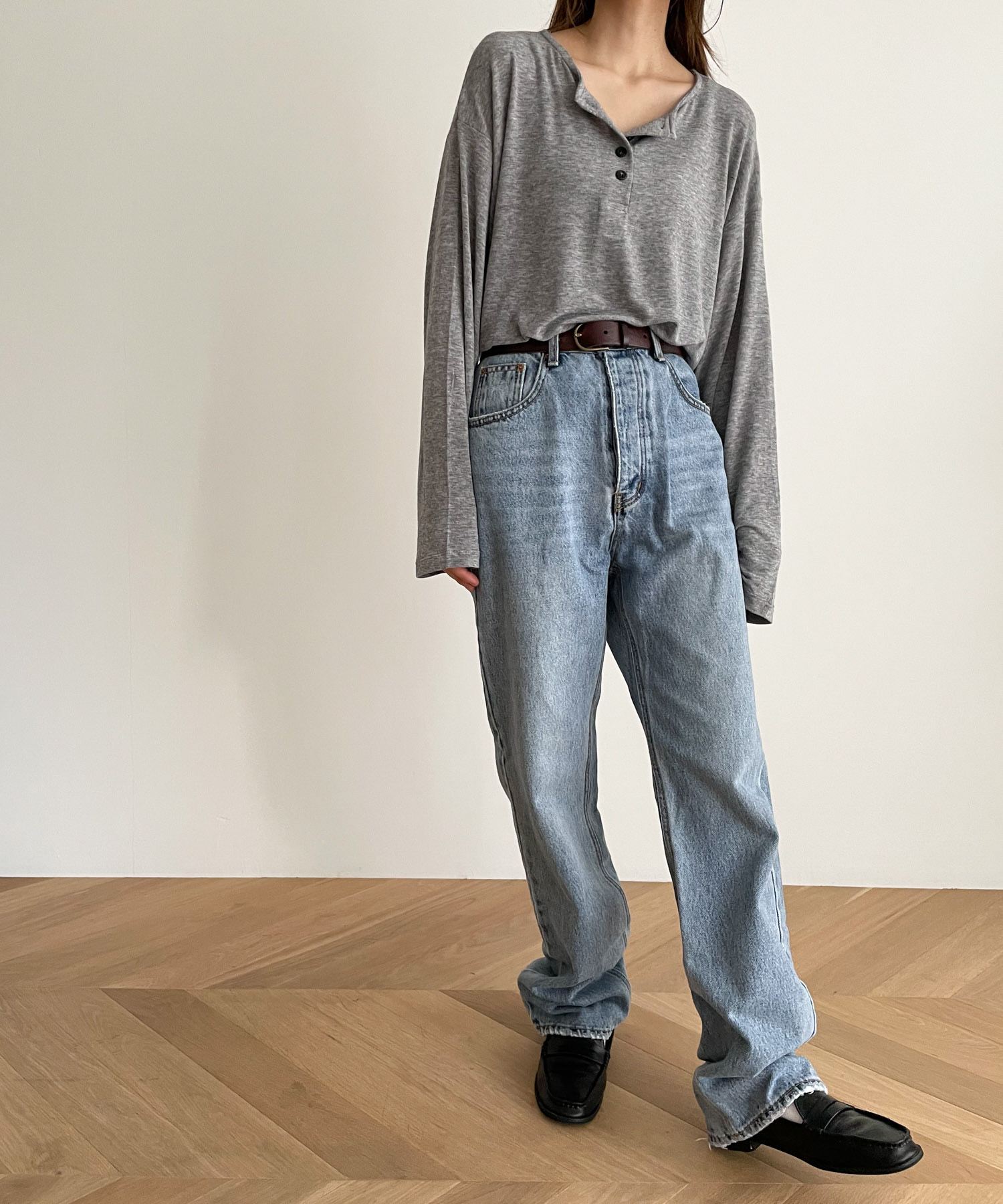 新品 キャナルジーン エルマール ルーズフィットヘンリーネック ロングTシャツ クーポン】キャナルジーン CANAL JEAN El mar(エルマール)ルーズ