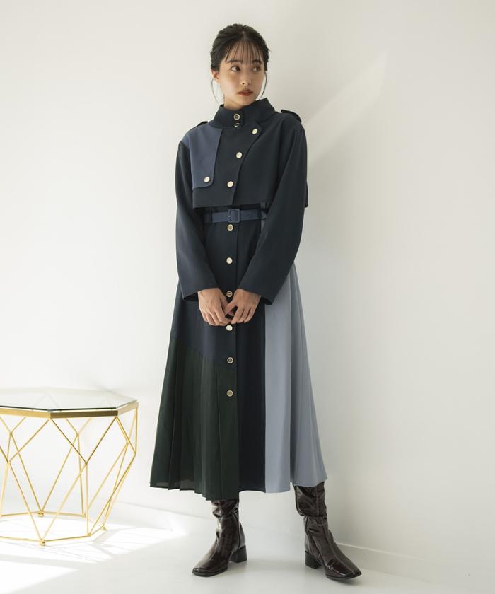 ワンピース＋ジャケット ハイセンス 2点セット ショートコート セール 50%OFF】ショート丈ブロッキングコート&ワンピースセット