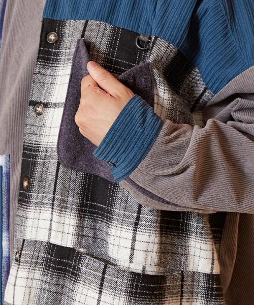 チャイハネ】チェック柄MEN'Sパッチワークシャツ CAA-2309 チャイハネ】チェック柄MEN'Sパッチワークシャツ CAA-2309