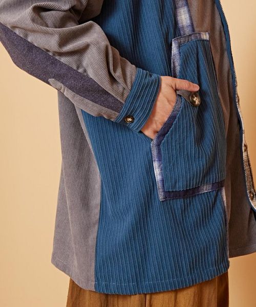 チャイハネ】チェック柄MEN'Sパッチワークシャツ CAA-2309 チャイハネ】チェック柄MEN'Sパッチワークシャツ CAA-2309