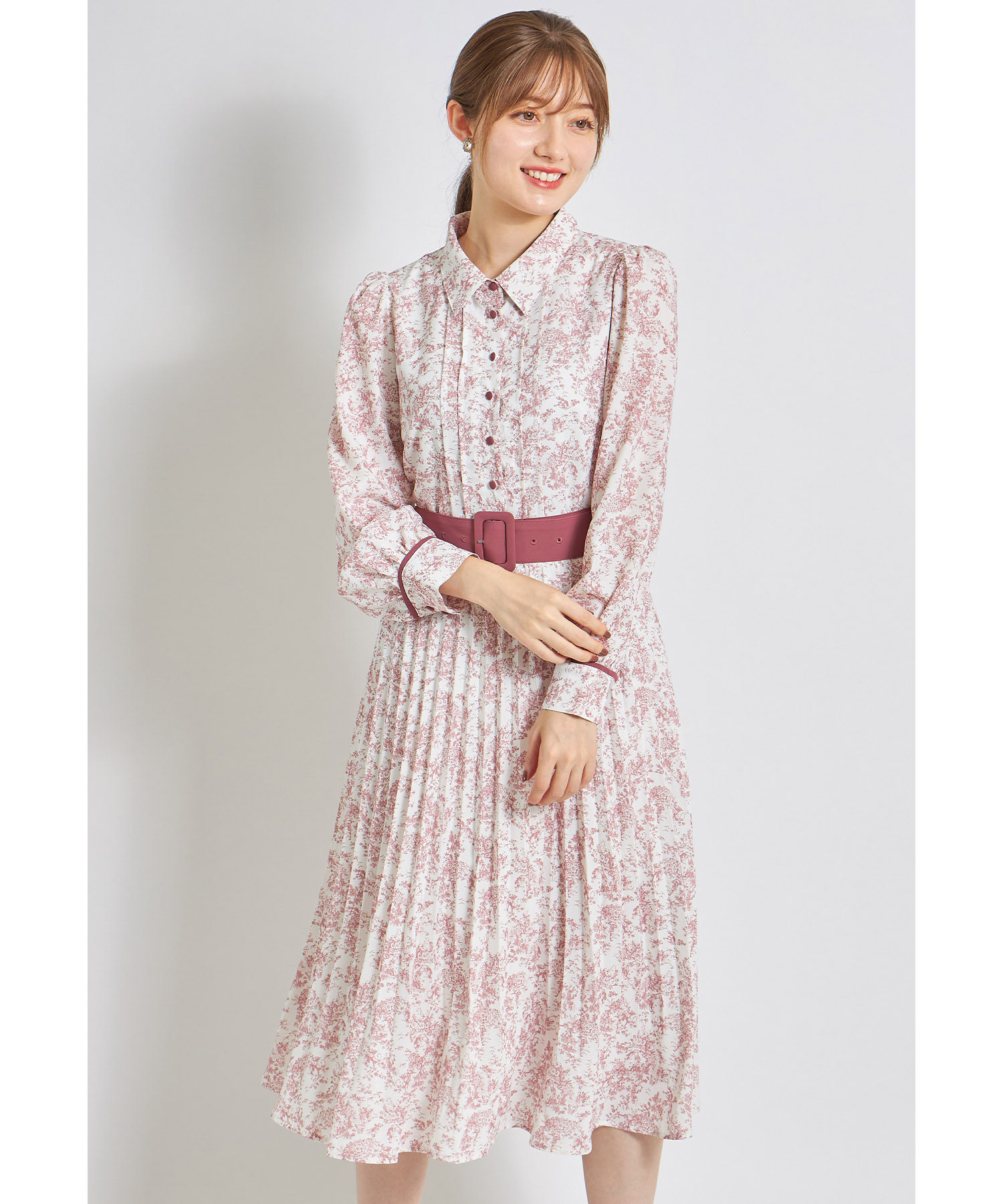 ベルト付きトワルドジュイ柄シャツプリーツ切り替え配色
