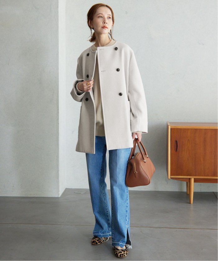 セール 20%OFF】スイビダブルクロスノーカラーダブル前コート 