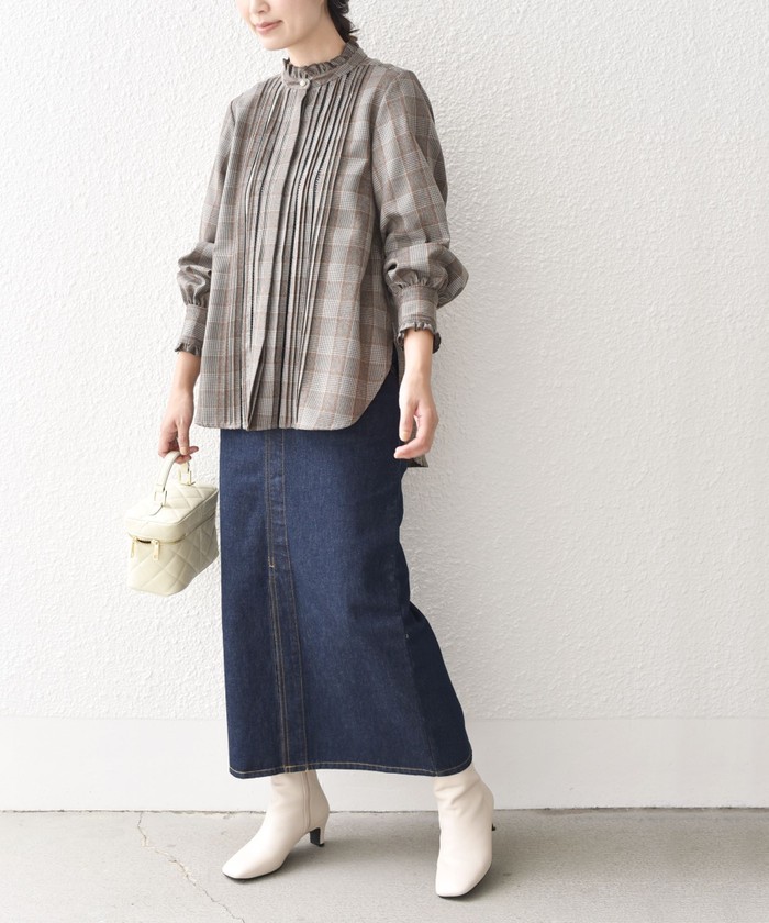 【新品】SHIPS 配色 チェック ソリッド ハシゴレース ピンタック ブラウス SHIPS（シップス）の「*〈手洗い可能〉配色 チェック ソリッド