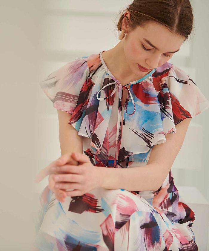 AND COUTURE　美品　ドローペイントプリントフリルワンピース AND COUTURE（アンドクチュール）の「ドローペイントプリント
