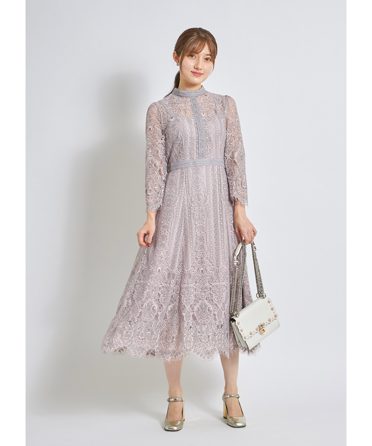 裾スカラップカットパネルレース×ラインレースワンピース