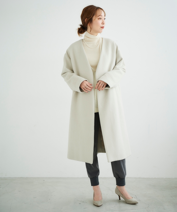 セール 50%OFF】ウールブレンドVネックノーカラーコート