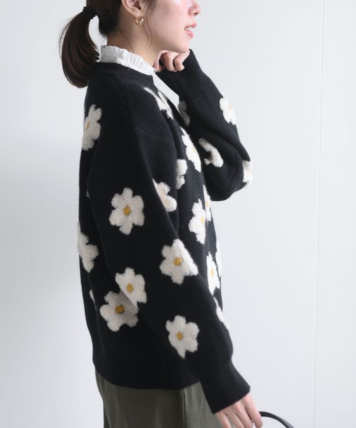 DAMAcollection(ダーマコレクション) 七分袖セーター サイズL レディース - 黒×白×マルチ パール/ビーズ/フラワー(花) DAMAcollection(ダーマコレクション) 七分袖セーター サイズL