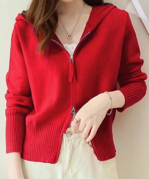 クーポン セール46 Off ダブルジップニットパーカー レディース トップス 長袖 秋服 冬服 フード 無地 ショート丈 10代 代 30代 韓国ファッション 韓国 ストリート アミュレット Amulet D Fashion