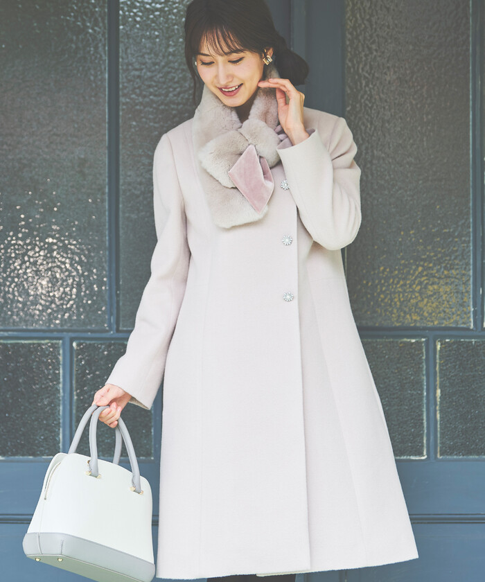 【美品】レッセパッセ ファーティペット付きコート　ノーカラー　ビジュー レッセパッセノーカラー ビジュー コート38サイズファーティ
