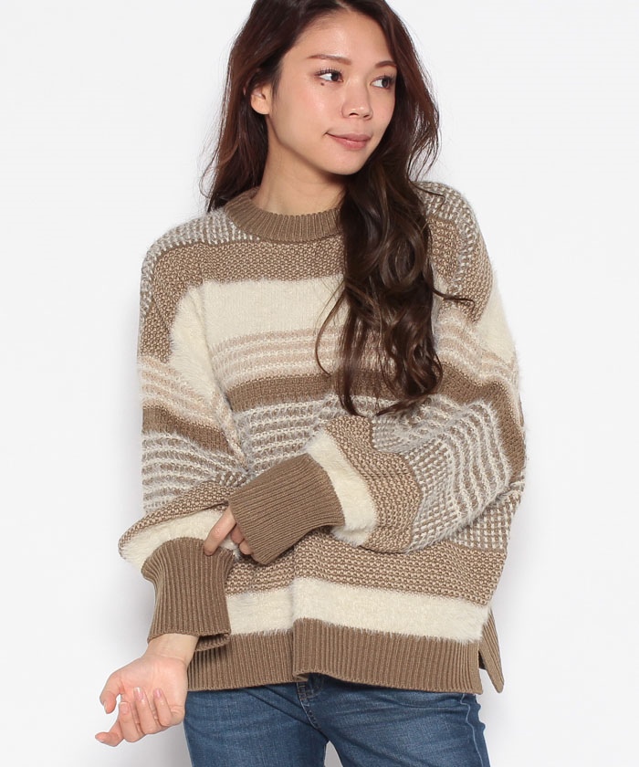 ブージュルード Bou Jeloud シャギーツイード風ニットプルオーバー （BEIGE） ジグザグ柄シャギーツイード風ニットプルオーバー