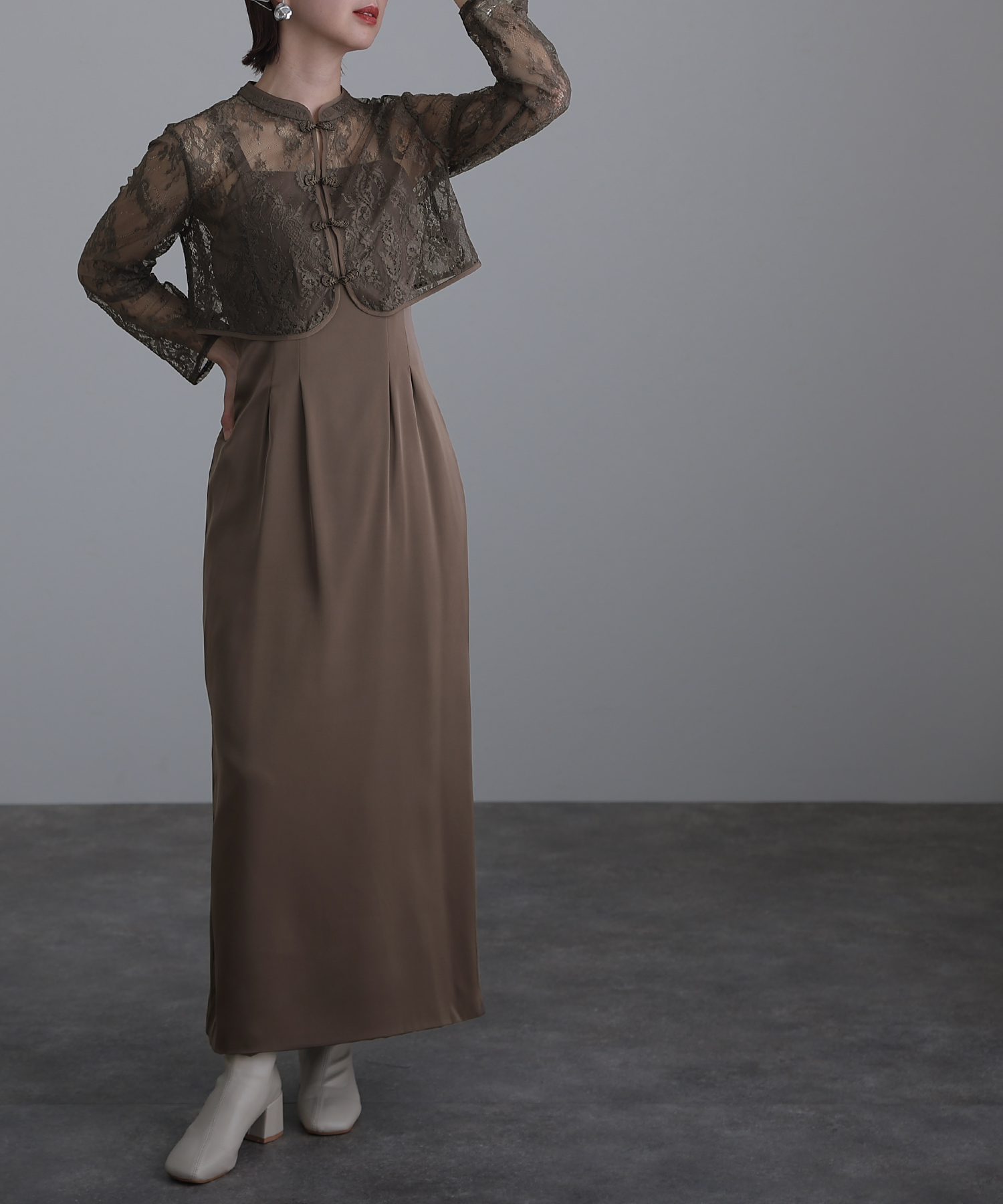 プールヴー PourVous 袖あり&ミモレ丈パーティードレスチャイナ