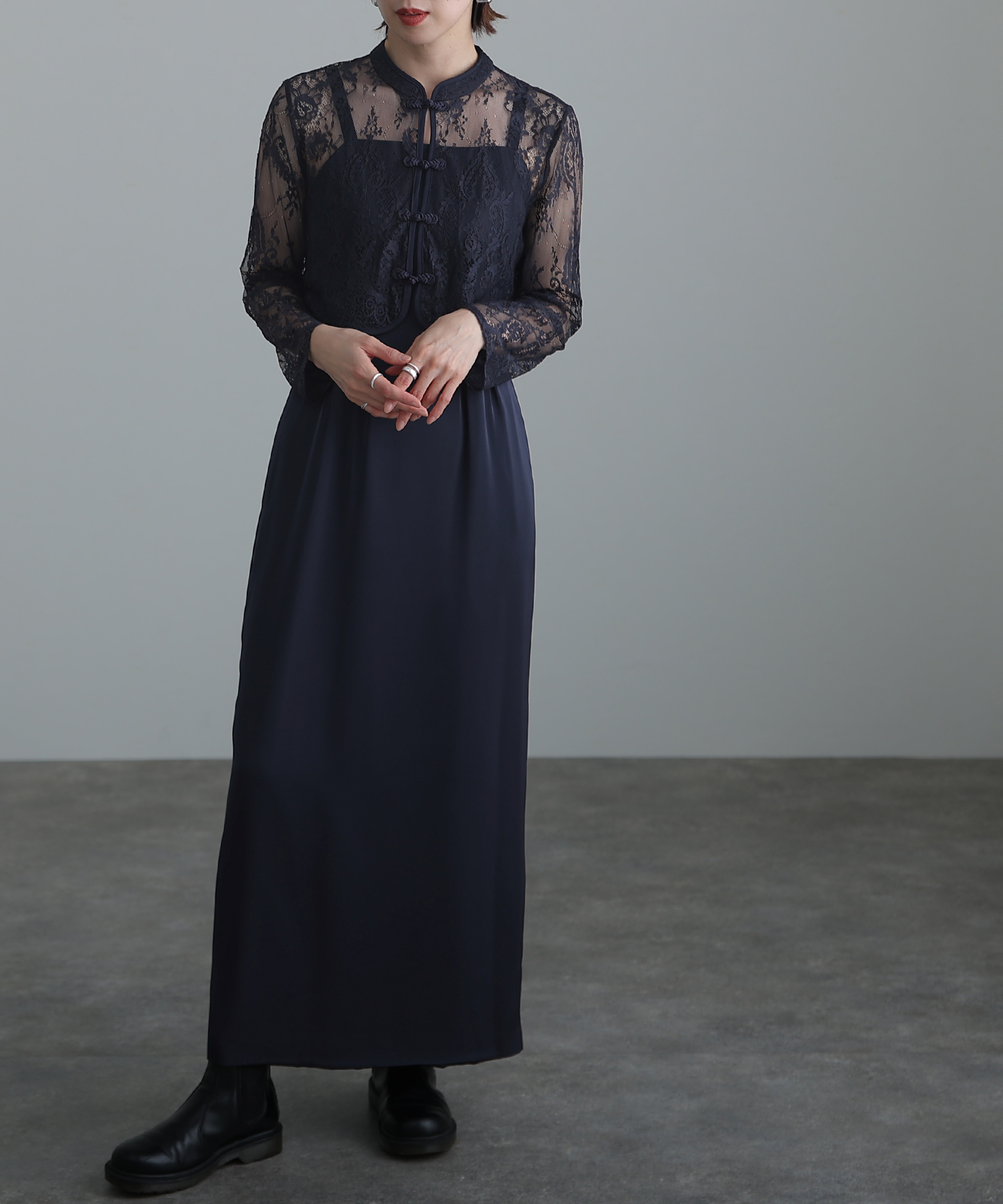 PourVous プールヴー 結婚式 お呼ばれ ドレス チャイナ風 プールヴー PourVous 袖あり&ミモレ丈パーティードレスチャイナ