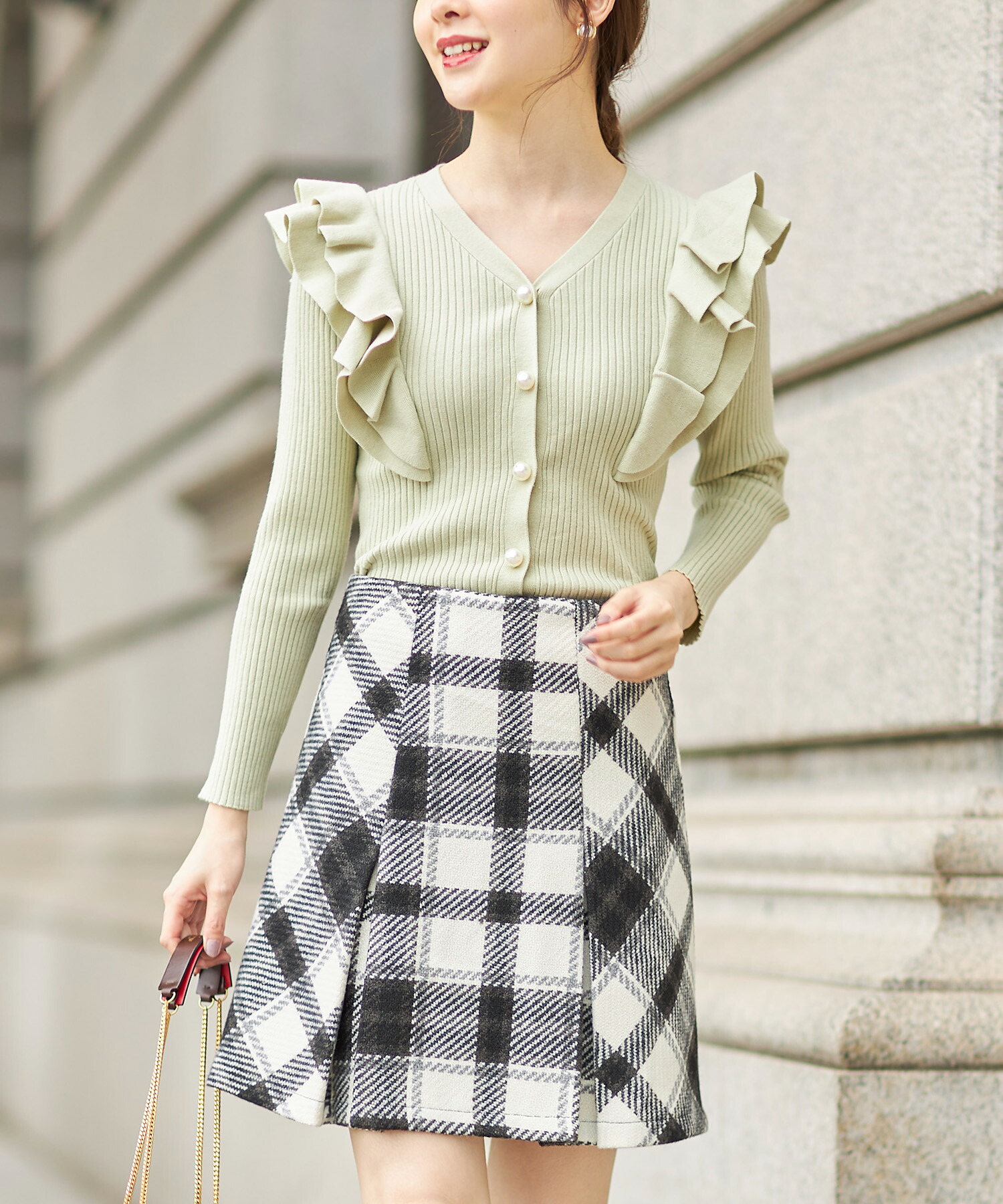 tocco closet チェックスカート+ニット セット売り 裾フリンジチェックマーメイドニットスカート