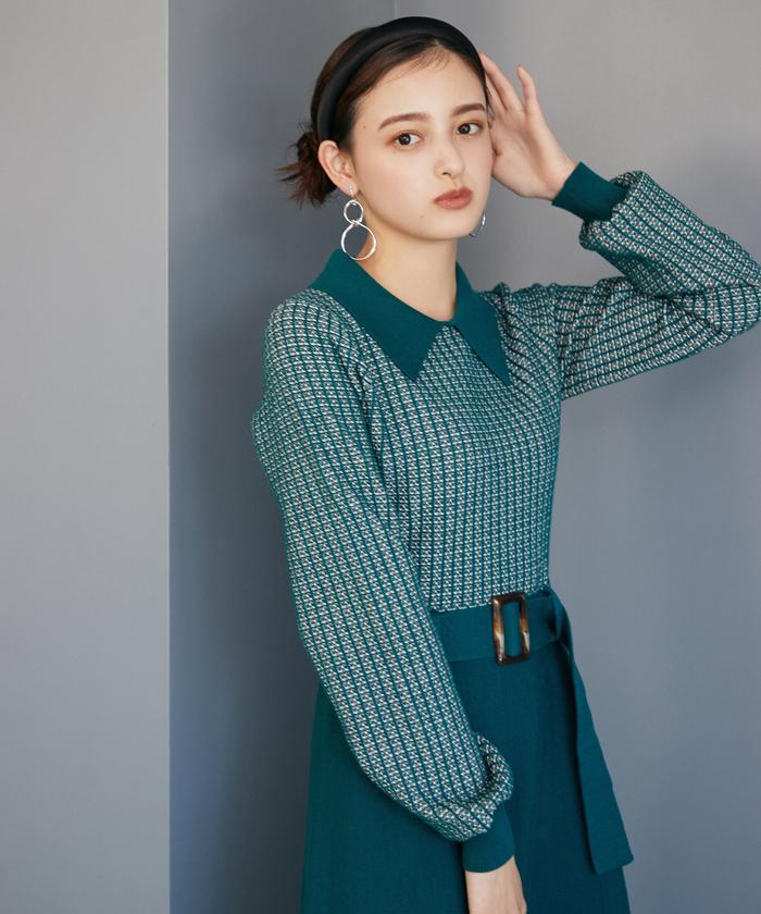 セール 30%OFF】襟付きジャガードフレアワンピース(505068528