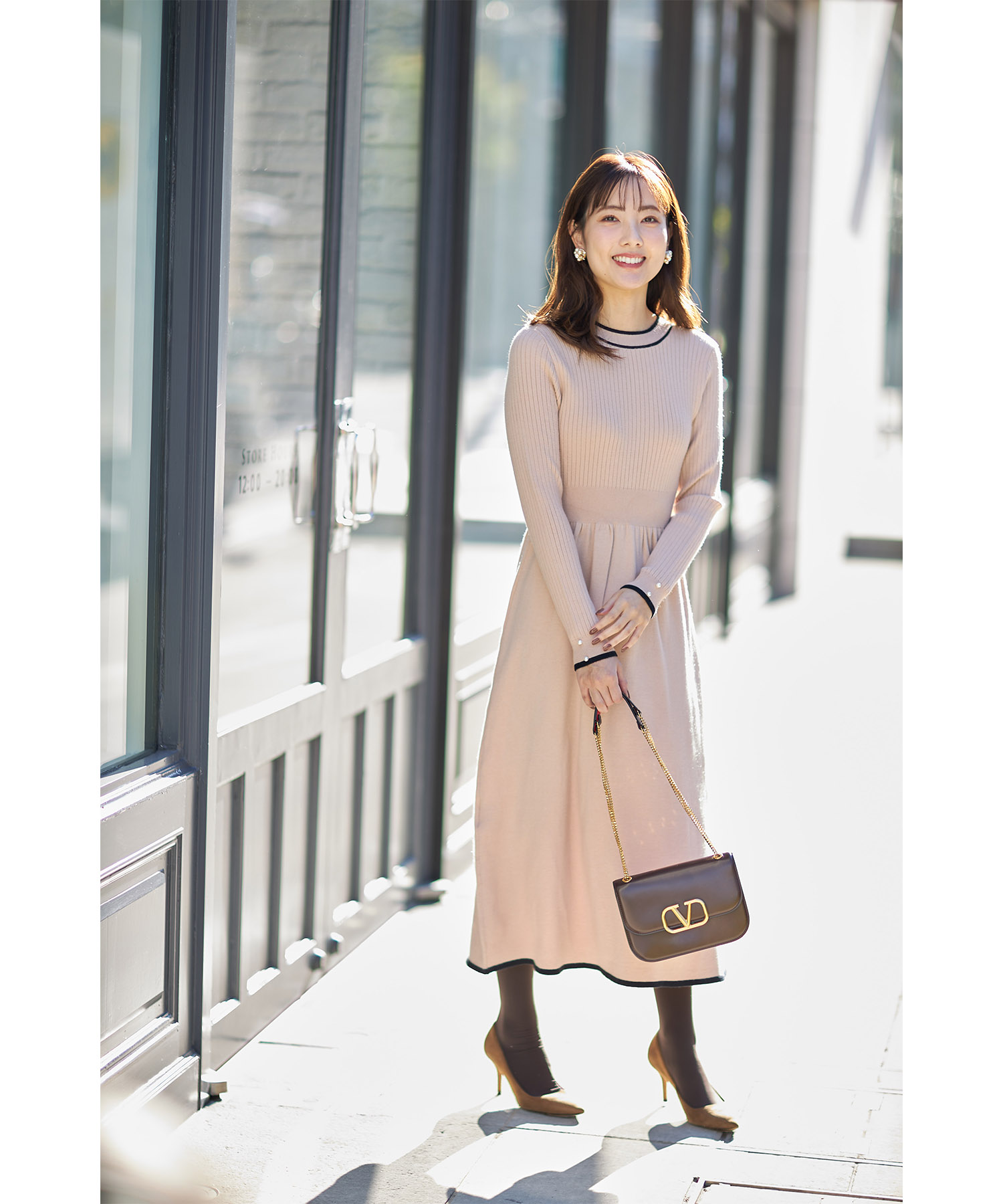 DABUWAWA上品 ツイード ベルト付 丸首 長袖 ショートワンピース XS-Lサイズあり】 【GINZA COUTURE/銀座クチュール】ツイード