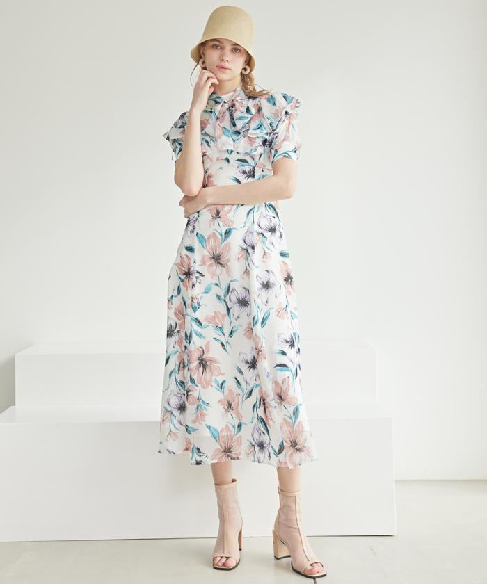 セール 50%OFF】シフォンフラワー2WAYフリル袖ワンピース