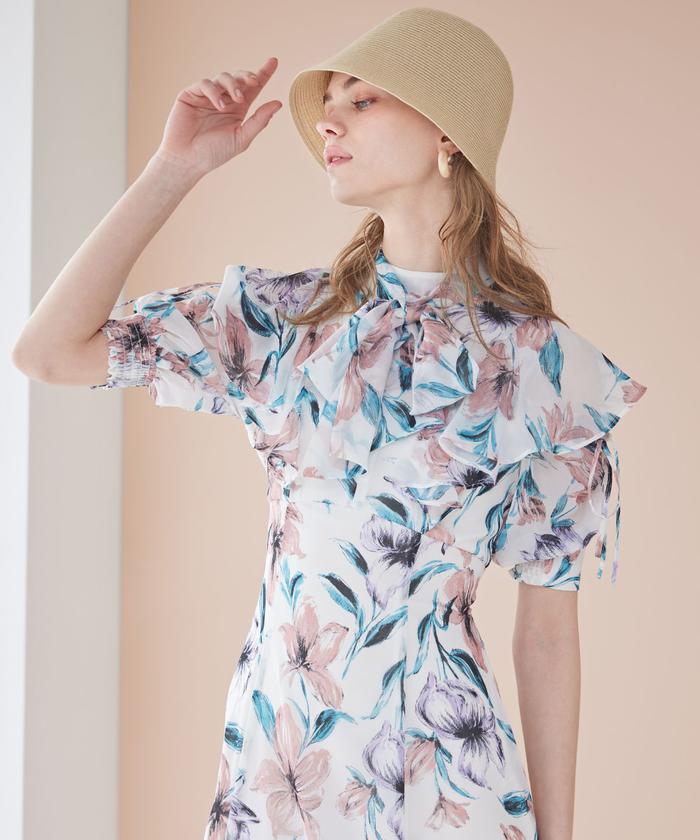 セール 50%OFF】シフォンフラワー2WAYフリル袖ワンピース
