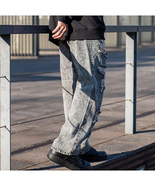セール】CavariA ダメージデニム貼り付けデニムパンツ ダメージ