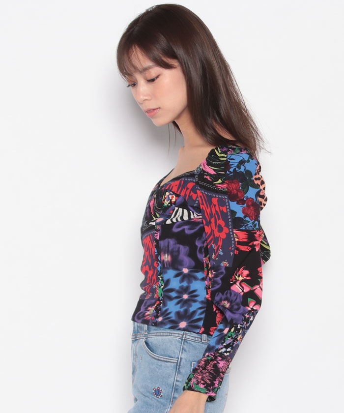 デシグアル Desigual パッチワーク コルセットブラウス （グレー/ブラック） デシグアル Desigual パッチワーク コルセットブラウス （グレー